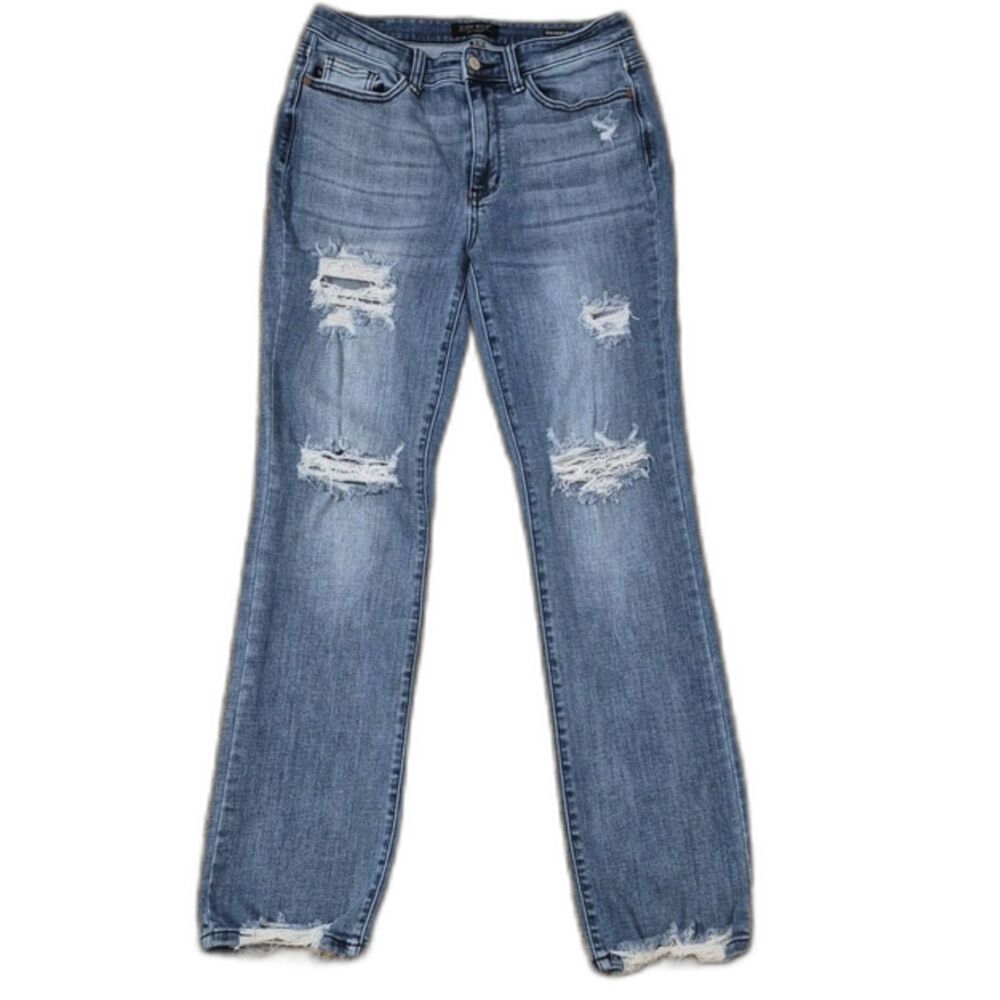 Judy Blue Straight Fit Jeans 30 Distressed Raw Frayed Hem Medium Wash Stretch